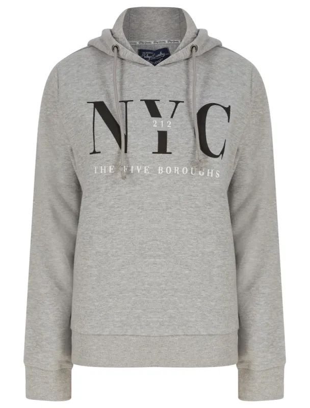 NYC Borough Motif Brushback Fleece Pullover Hoodie in Light Grey Marl - Tokyo Laundry sold by Tokyo Laundry