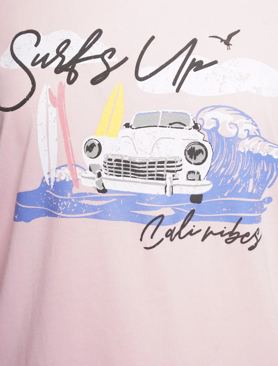 Surfs Up Motif Cotton Crew Neck T-shirt in Pink Almond Blossom - South Shore sold by Tokyo Laundry product image thumbnail 3