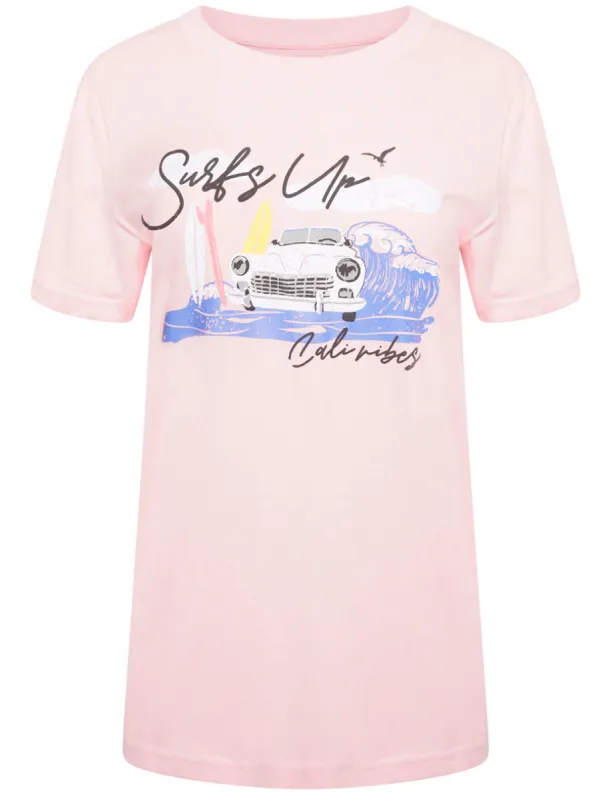 Surfs Up Motif Cotton Crew Neck T-shirt in Pink Almond Blossom - South Shore sold by Tokyo Laundry
