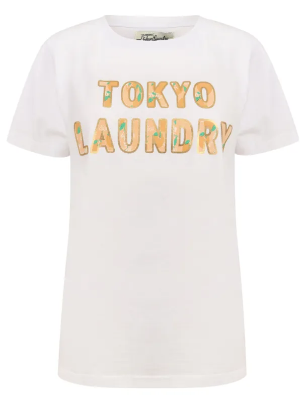 Malian Metallic Foil Floral Print Motif Cotton Jersey T-Shirt in Bright White - Tokyo Laundry sold by Tokyo Laundry