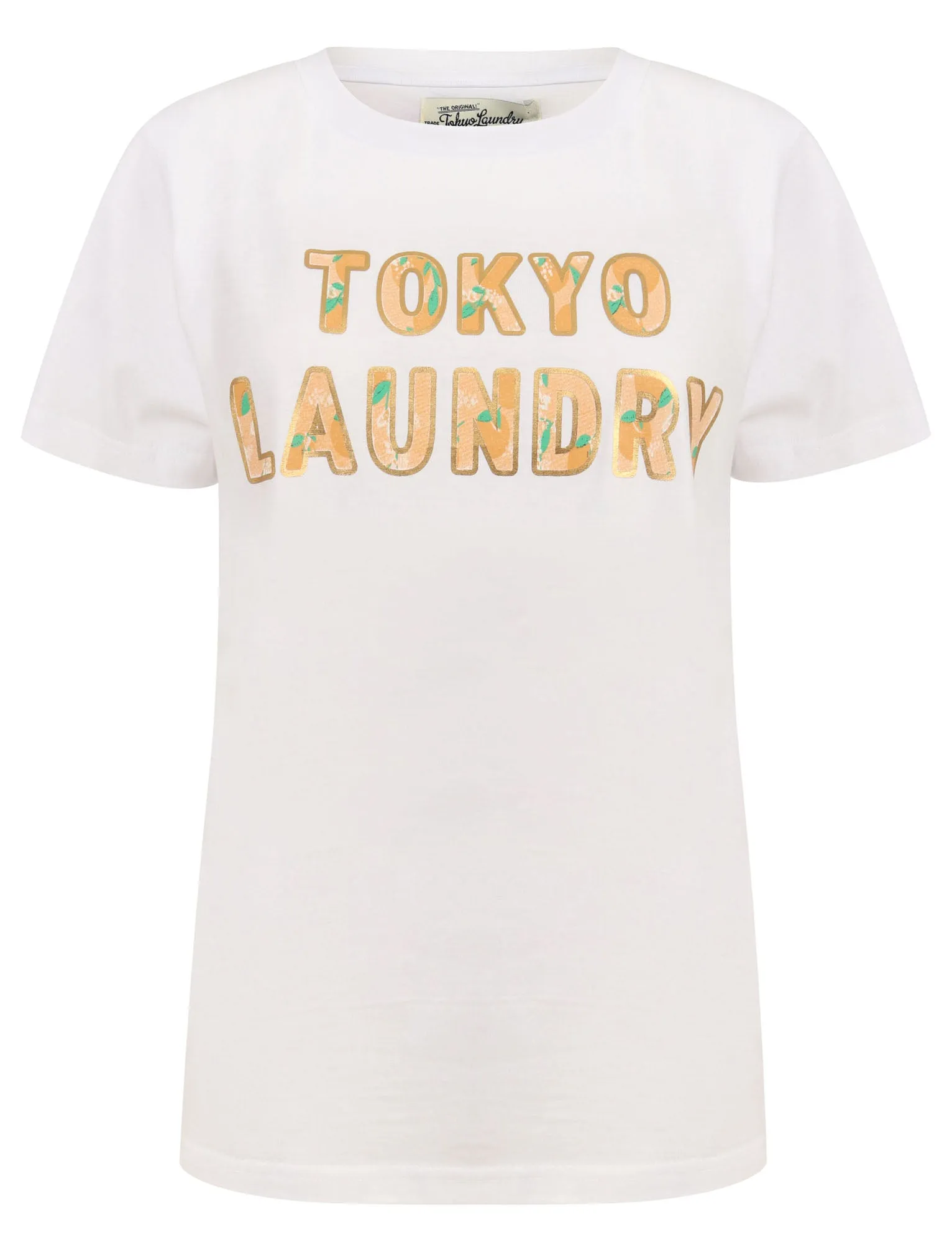Malian Metallic Foil Floral Print Motif Cotton Jersey T-Shirt in Bright White - Tokyo Laundry sold by Tokyo Laundry