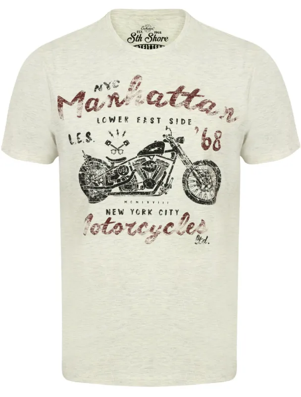 Manhattan Crew Neck T-Shirt with Motif in Oatmeal Marl - South Shore sold by Tokyo Laundry