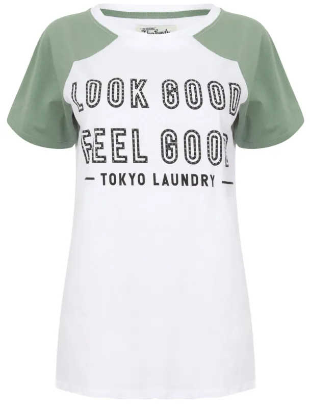 Ava Contrast Raglan Sleeve Cotton T-Shirt In Oil Green - Tokyo Laundry sold by Tokyo Laundry