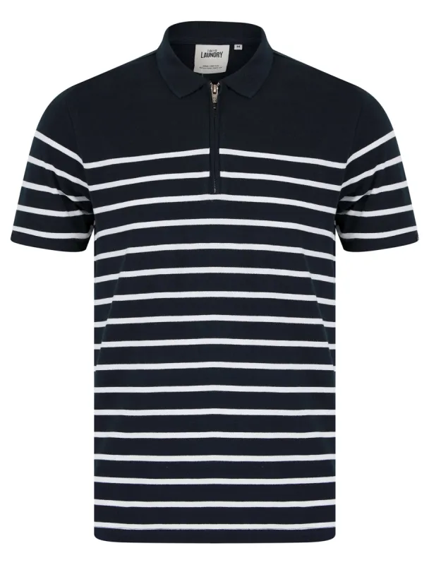 Wick Yarn Dyed Stripe Cotton Pique Zip Fasten Polo Shirt in Sky Captain Navy - Tokyo Laundry sold by Tokyo Laundry