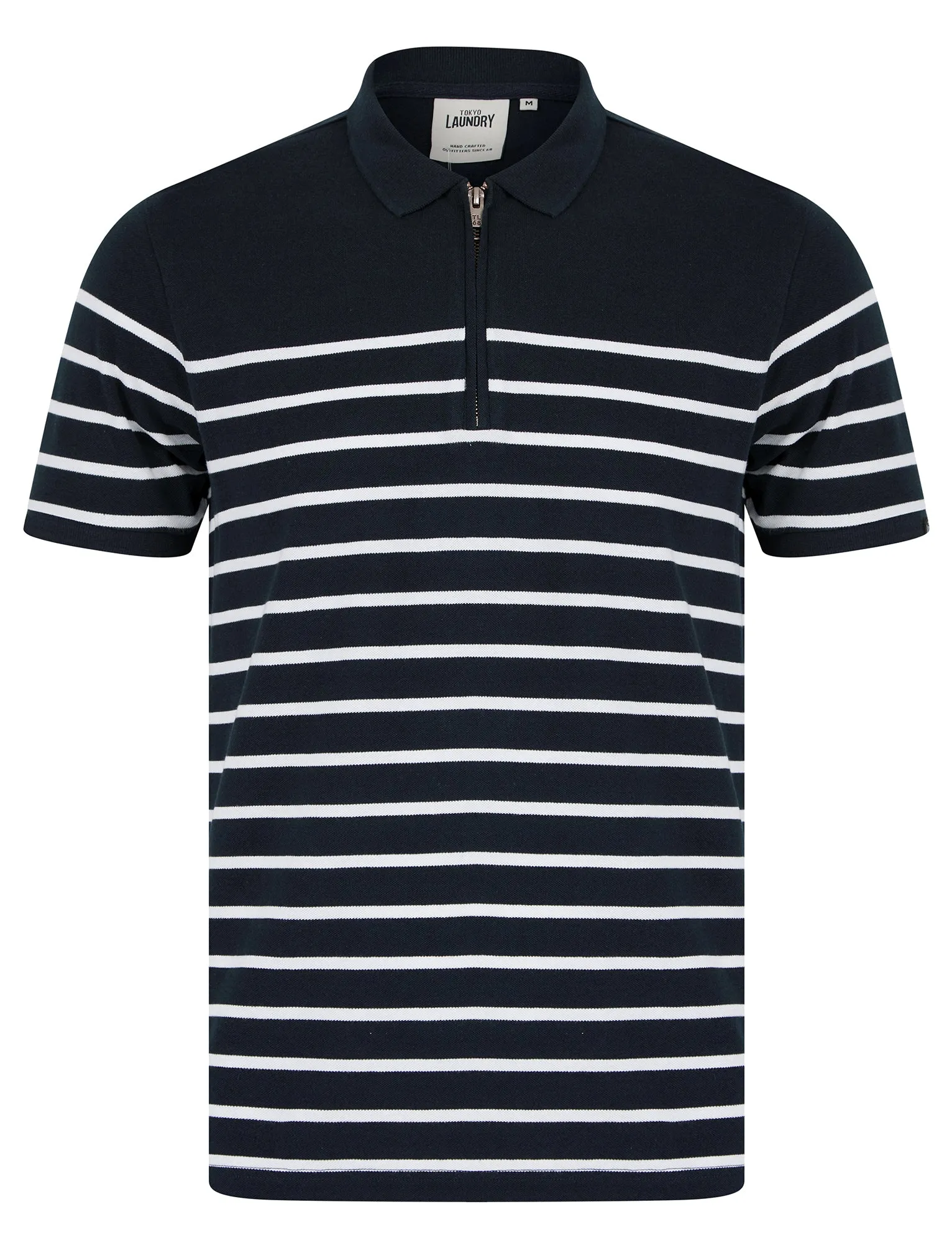 Wick Yarn Dyed Stripe Cotton Pique Zip Fasten Polo Shirt in Sky Captain Navy - Tokyo Laundry sold by Tokyo Laundry
