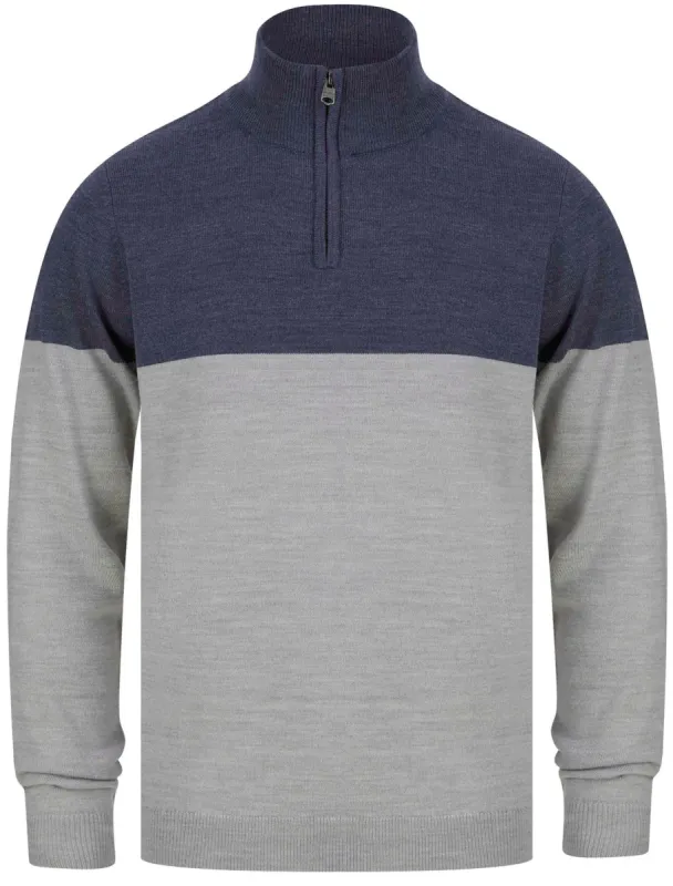 Debmar Half Zip Colour Block Knitted Jumper In Denim Blue - Kensington Eastside made by Tokyo Laundry