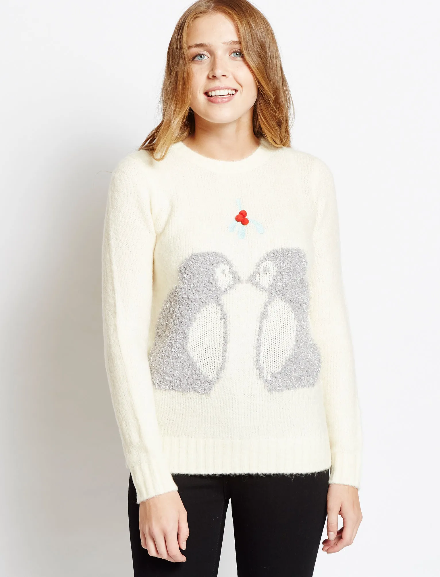 Womens Merry Christmas Mistletoe Penguins red jumper sold by Tokyo Laundry product image thumbnail 4