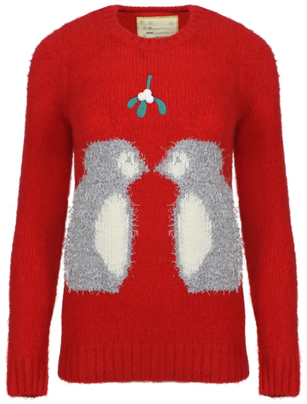 Womens Merry Christmas Mistletoe Penguins red jumper sold by Tokyo Laundry
