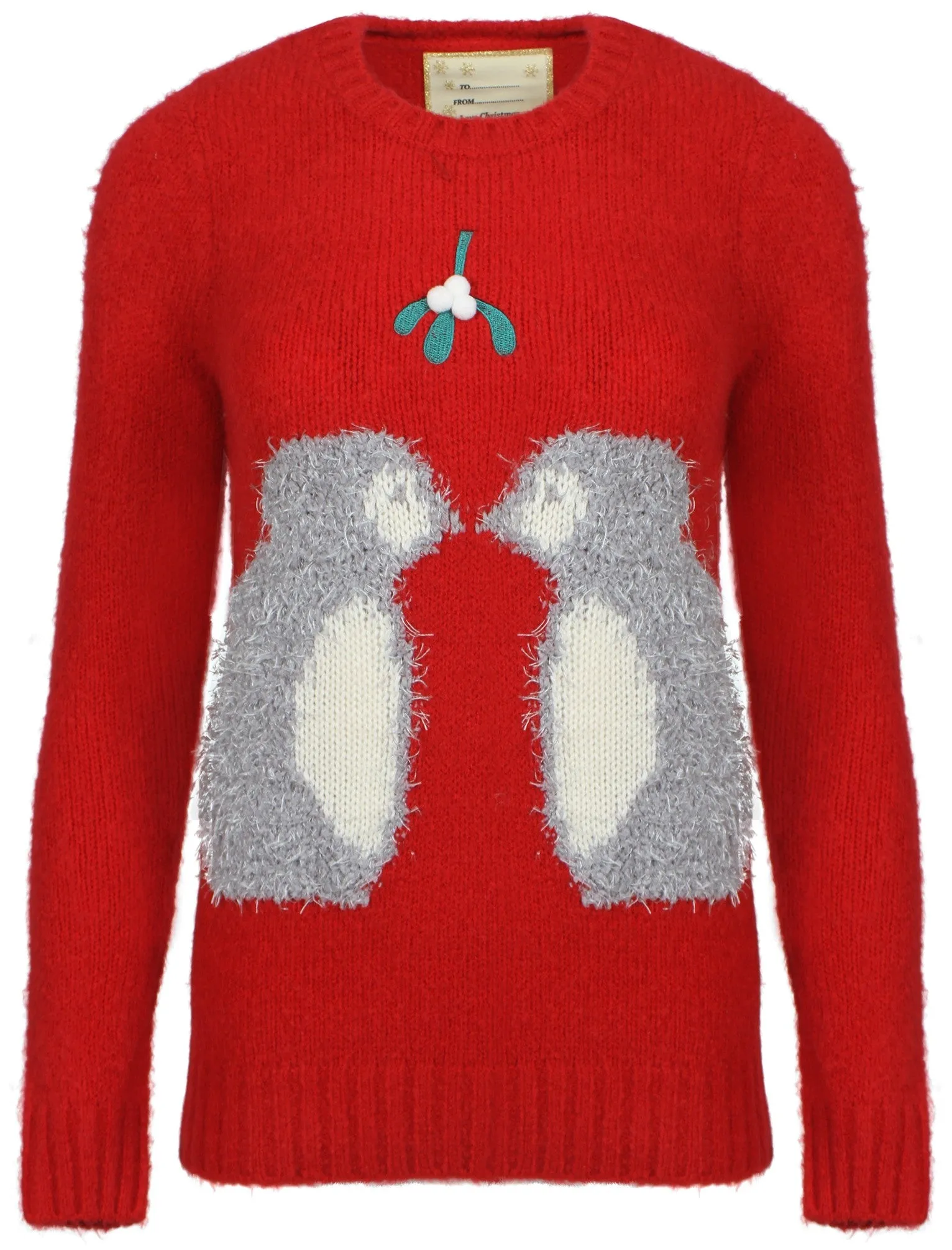 Womens Merry Christmas Mistletoe Penguins red jumper sold by Tokyo Laundry
