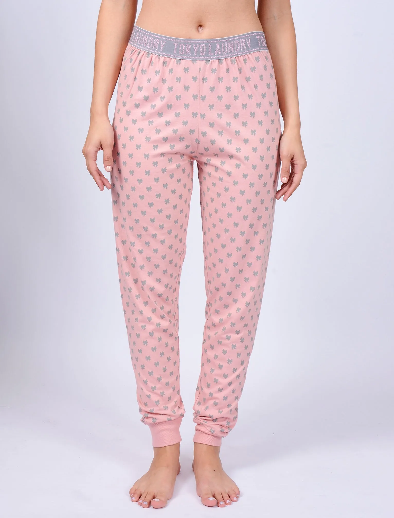 Penny Bow Print Cotton Lounge Pants in Blush - Tokyo Laundry sold by Tokyo Laundry