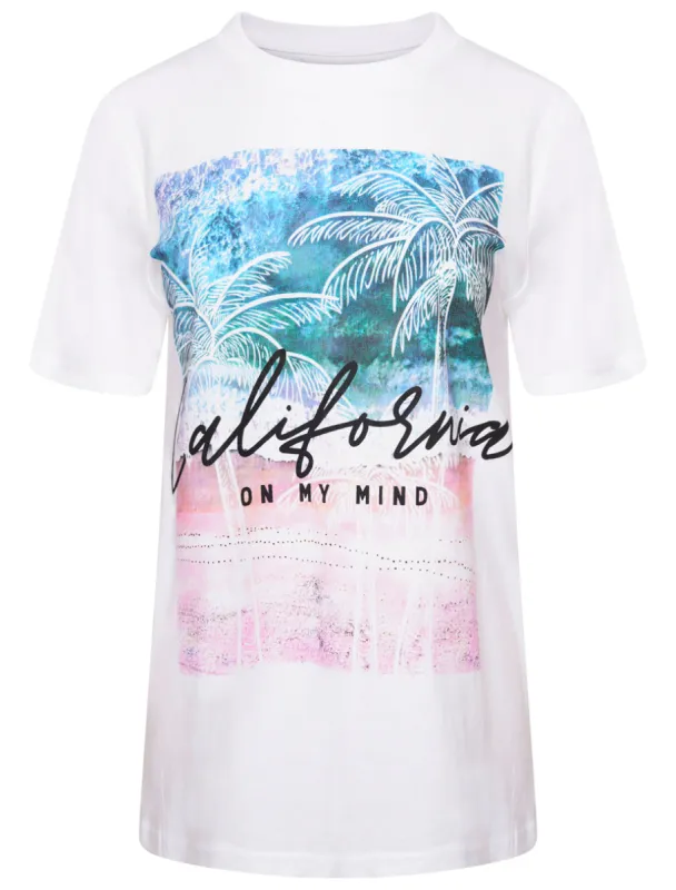 Cali On My Mind Motif Cotton T-Shirt in Optic White - South Shore sold by Tokyo Laundry