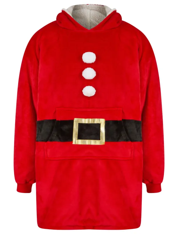 Adult Claus Novelty Soft Fleece Borg Lined Oversized Hooded Blanket with Pocket in Red  - Merry Christmas made by Tokyo Laundry