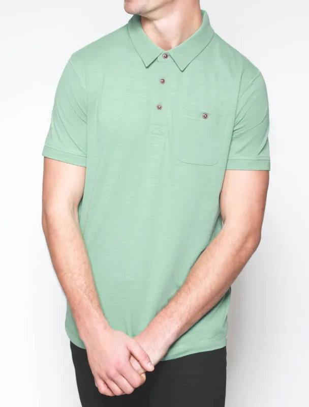 Pale Cotton Slub Polo Shirt with Chest Pocket in Feldspar Green - South Shore sold by Tokyo Laundry
