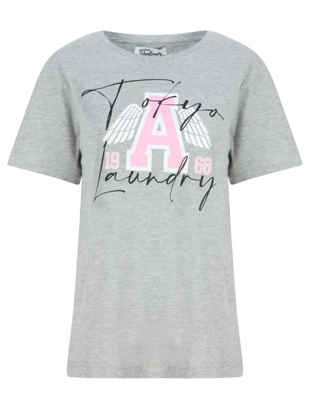 Angel Wings Motif Cotton Jersey T-Shirt in Light Grey Marl - Tokyo Laundry sold by Tokyo Laundry