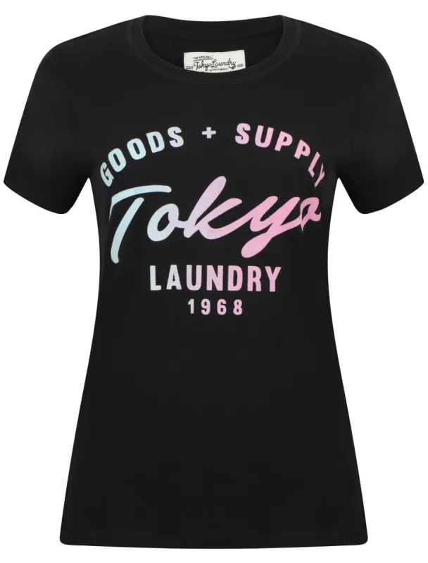 Tori Flocked Motif Cotton Jersey T-Shirt In Jet Black - Tokyo Laundry sold by Tokyo Laundry