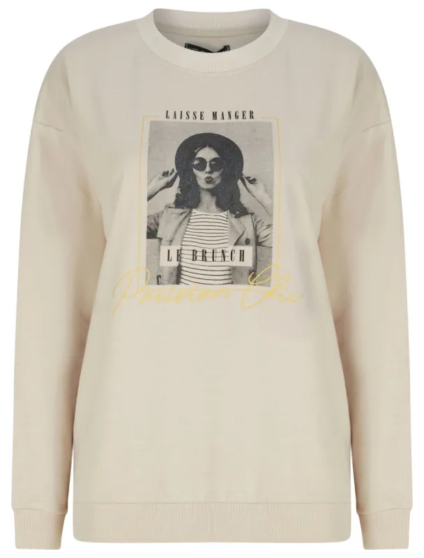 New Parisian Motif Crew Neck Sweatshirt in Stone Marl - Weekend Vibes sold by Tokyo Laundry