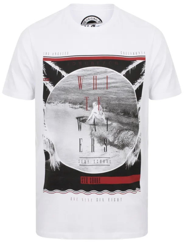 Surf School Motif Cotton Crew Neck T-Shirt In Optic White - South Shore sold by Tokyo Laundry