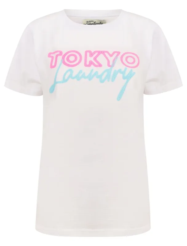 Galilea Neon Lettering Motif Cotton Jersey T-Shirt in Bright White - Tokyo Laundry sold by Tokyo Laundry