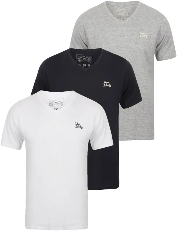 Nousu (3 Pack) V Neck Cotton T-Shirts In White / Light Grey Marl / Dark Navy - Tokyo Laundry sold by Tokyo Laundry