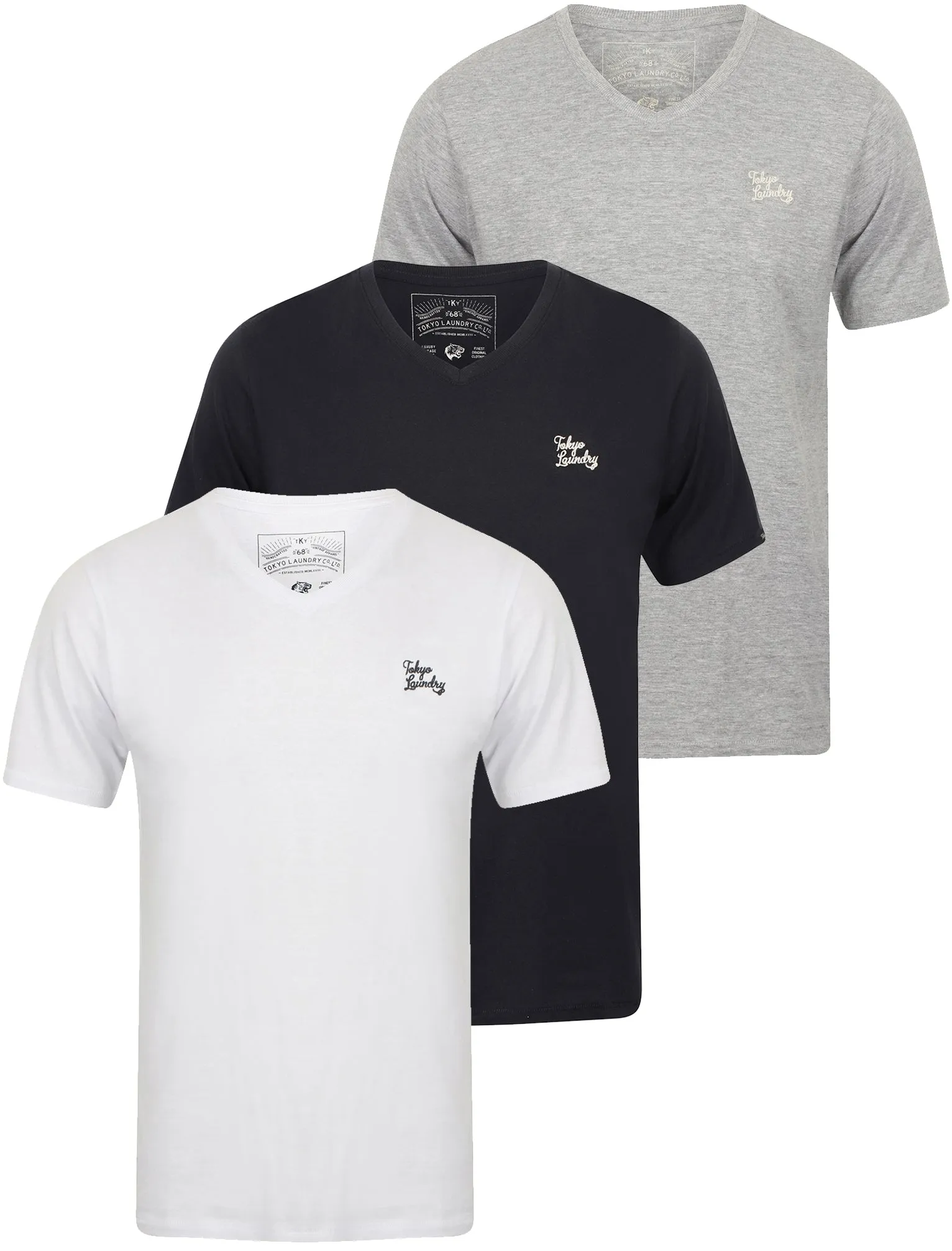 Nousu (3 Pack) V Neck Cotton T-Shirts In White / Light Grey Marl / Dark Navy - Tokyo Laundry sold by Tokyo Laundry