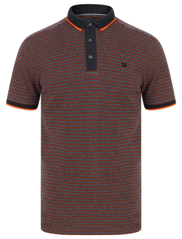 Penley Jacquard Jersey Stripe Polo Shirt with Tipping In Koi Orange - Kensington Eastside sold by Tokyo Laundry