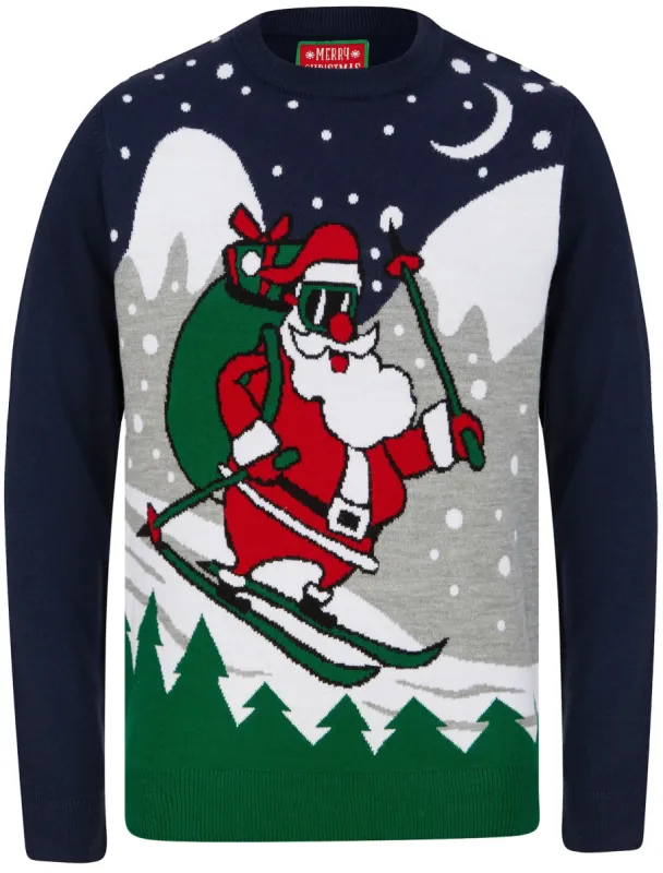 Skiing Santa Motif Novelty Christmas Jumper in Eclipse Blue - Merry Christmas sold by Tokyo Laundry