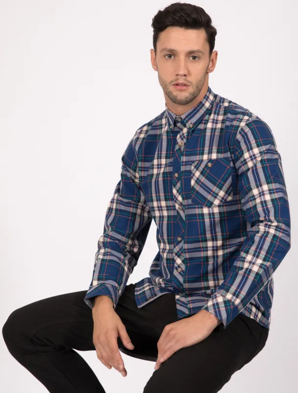 Milan Checked Cotton Long Sleeve Shirt In Estate Blue - Tokyo Laundry sold by Tokyo Laundry