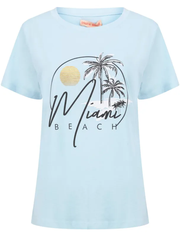 Miami Beach Motif Cotton Crew Neck T-Shirt in Corydalis Blue - South Shore sold by Tokyo Laundry