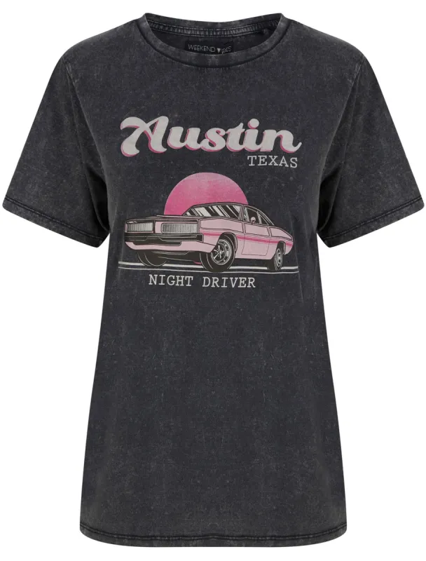 Cadillac Motif Acid Wash Cotton T-Shirt in Pirate Black - Weekend Vibes sold by Tokyo Laundry