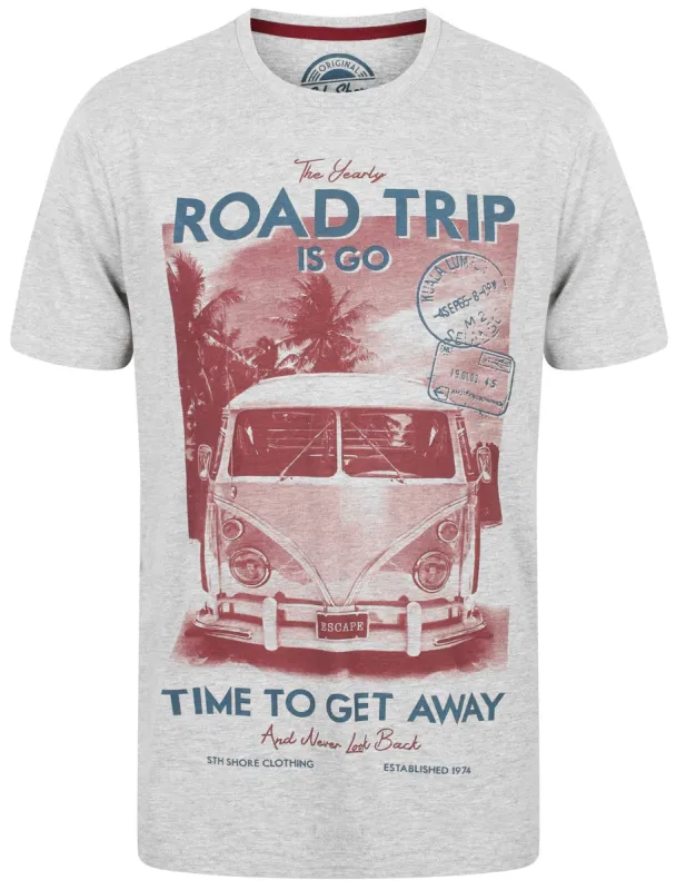 Roadtrip Motif Cotton Crew Neck T-Shirt In Light Grey Marl - South Shore sold by Tokyo Laundry