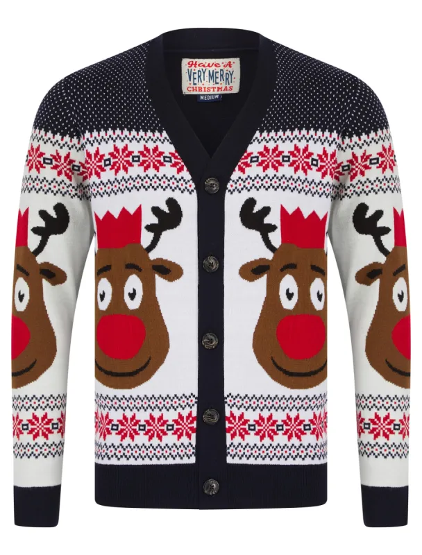 Men's Rudolphs Cardi Wallpaper Print Novelty Knitted Christmas Cardigan in Ink - Merry Christmas sold by Tokyo Laundry