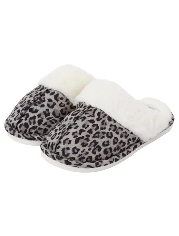 Bogota Faux Suede Mule Slippers with Faux Fur Lining & Trim in Grey Leopard - Tokyo Laundry sold by Tokyo Laundry