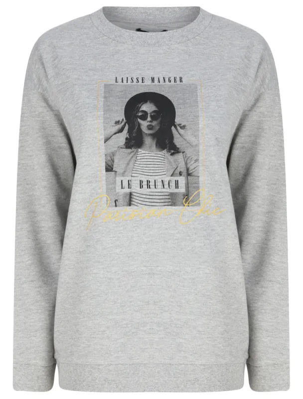 New Parisian Motif Crew Neck Sweatshirt in Light Grey Marl - Weekend Vibes sold by Tokyo Laundry