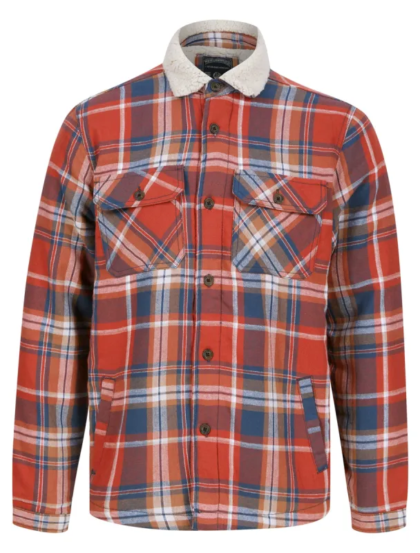 Hess Sherpa Fleece Lined Checked Flannel Cotton Overshirt Jacket in Red Ochre - Tokyo Laundry sold by Tokyo Laundry