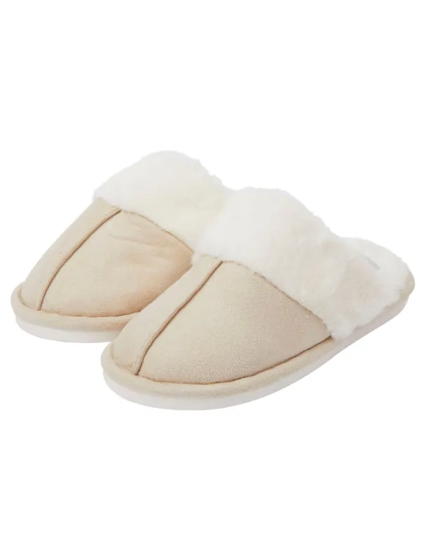 Rio Faux Suede Mule Slippers with Faux Fur Lining & Trim in Beige - Tokyo Laundry sold by Tokyo Laundry