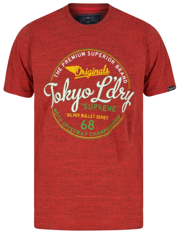 Silver Bullets Motif Injection Marl Cotton Jersey T-Shirt in Red / Black - Tokyo Laundry sold by Tokyo Laundry