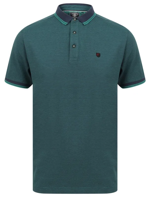 Goldsmith Jacquard Jersey Polo Shirt with Tipping In River Green - Kensington Eastside sold by Tokyo Laundry