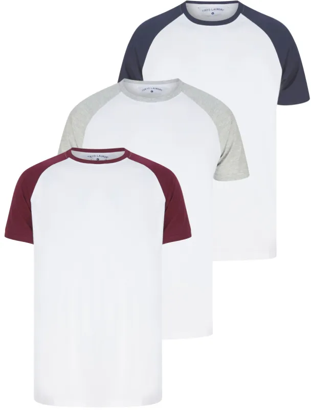 Dunswell (3 Pack) Raglan Sleeve Cotton Jersey Basic T-Shirt Set In Wine / Navy / Grey Marl - Tokyo Laundry sold by Tokyo Laundry