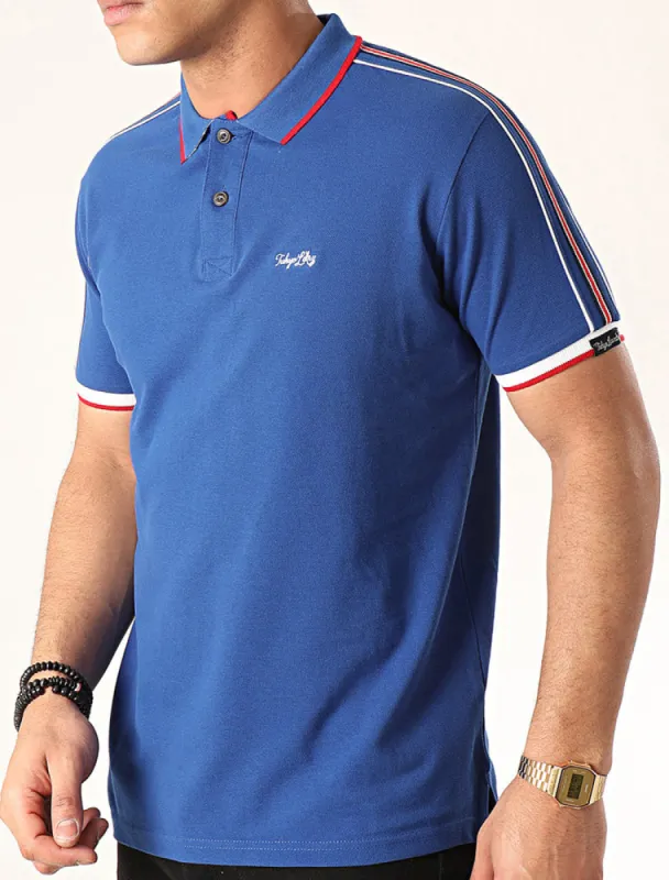 Hitch Cotton Pique Polo Shirt with Stripe Tape Detail In Sea Surf Blue - Tokyo Laundry sold by Tokyo Laundry