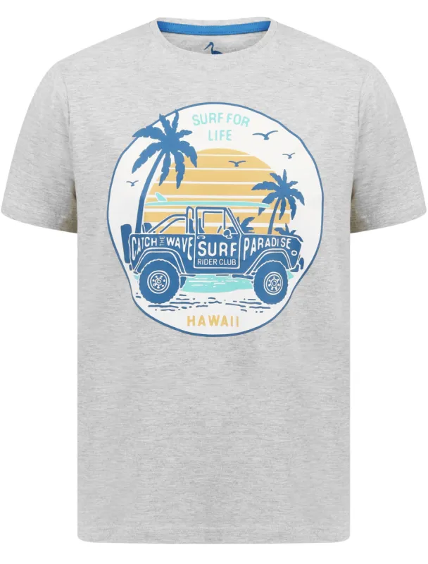 Hawaii Motif Cotton Jersey T-Shirt in Light Grey Marl - South Shore sold by Tokyo Laundry