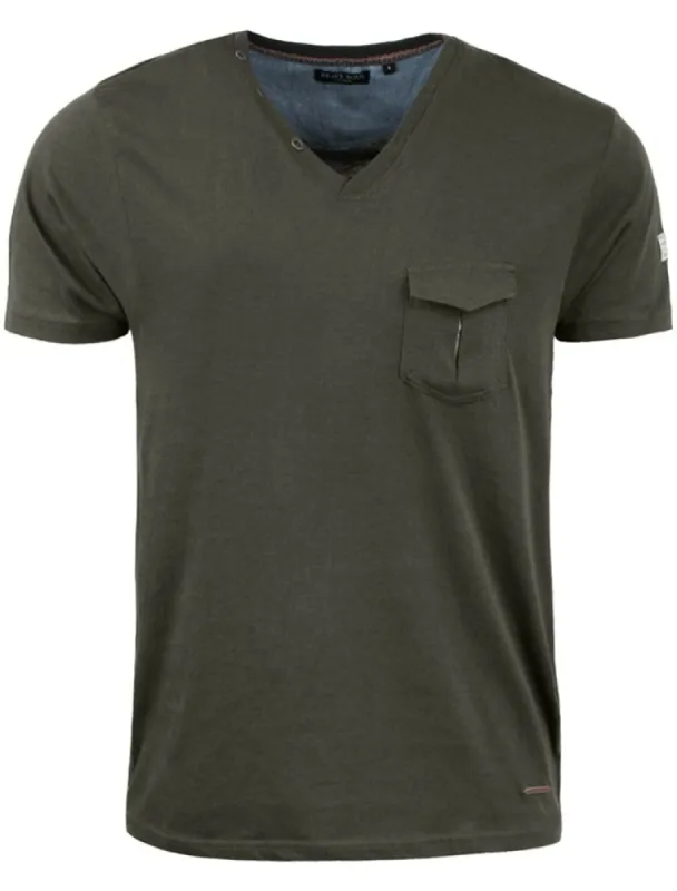 Gregor V Neck  T-Shirt with Chest Pocket in Khaki sold by Tokyo Laundry