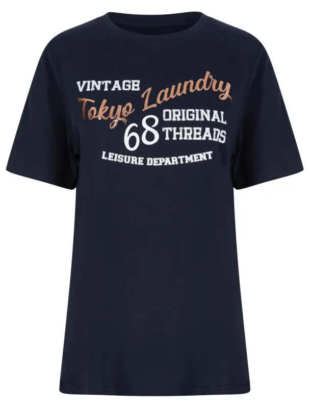 Quinn Rose Gold Foil Motif Cotton Jersey T-Shirt in Sky Captain Navy - Tokyo Laundry sold by Tokyo Laundry
