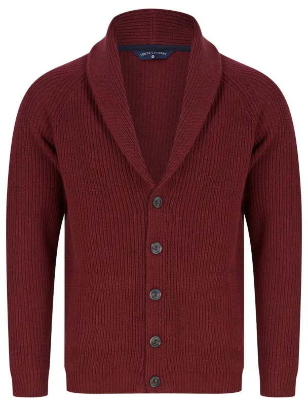 Hurd Rib Knit Cotton Rich Shawl Neck Cardigan in Claret - Tokyo Laundry sold by Tokyo Laundry