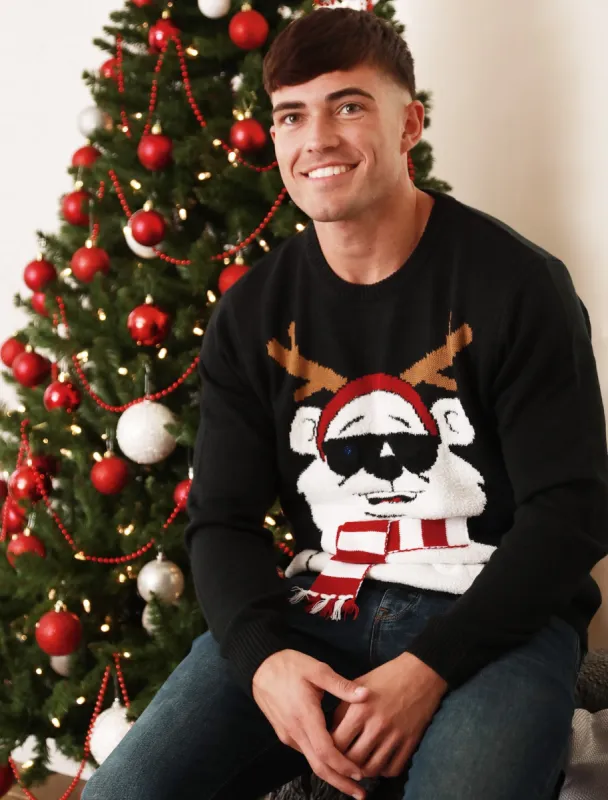 Cool Polar Bear Motif LED Light Up Novelty Christmas Jumper in Jet Black - Merry Christmas sold by Tokyo Laundry