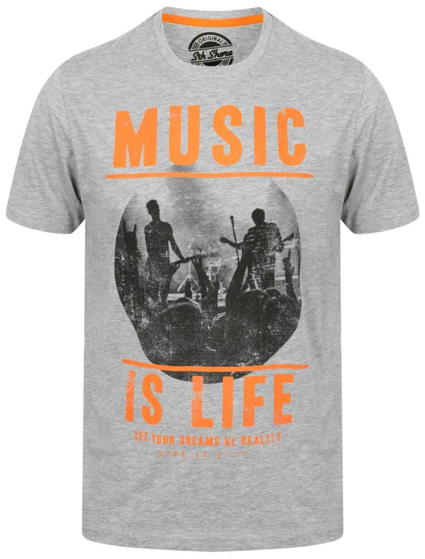 Music Is Life Motif Cotton Crew Neck T-Shirt In Light Grey Marl - South Shore sold by Tokyo Laundry