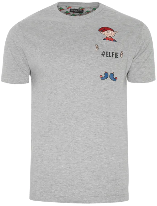 Elfie Novelty Christmas T-Shirt with Chest Pocket In Light Grey Marl sold by Tokyo Laundry