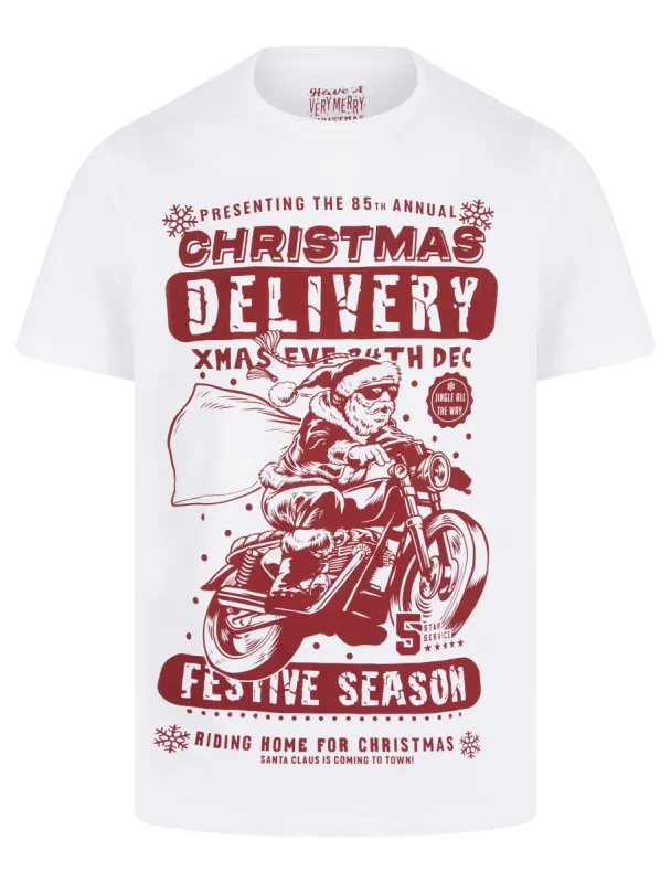 Men's Christmas Delivery Motif Novelty Cotton Christmas T-Shirt in Bright White - Merry Christmas sold by Tokyo Laundry