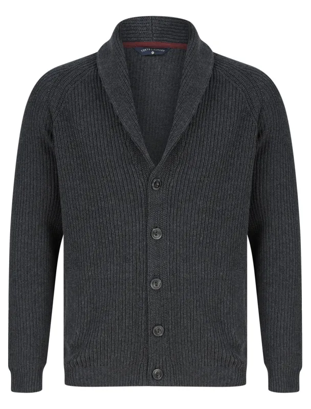 Hurd Rib Knit Cotton Rich Shawl Neck Cardigan in Charcoal Marl - Tokyo Laundry sold by Tokyo Laundry