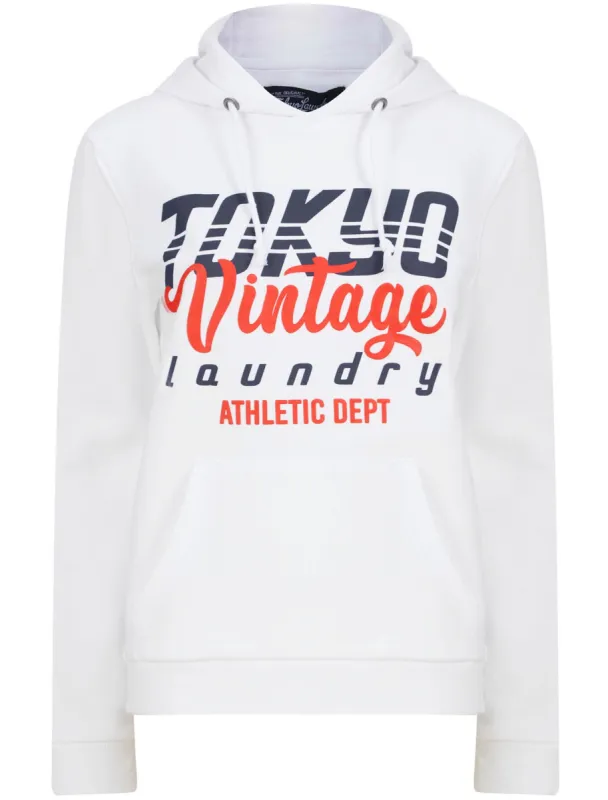 Sporty Motif Brushback Fleece Pullover Hoodie in Optic White - Tokyo Laundry sold by Tokyo Laundry
