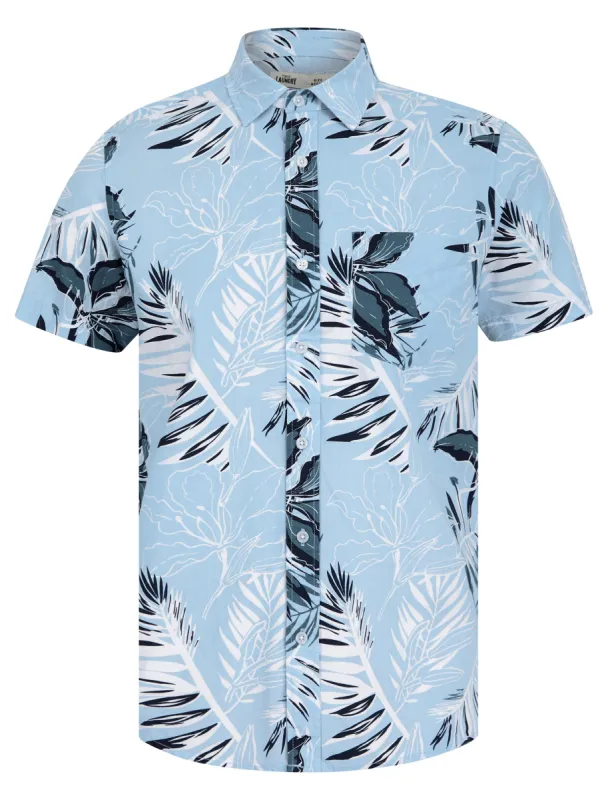 Mahana Tropical Print Short Sleeve Cotton Poplin Hawaiian Shirt in Dream Blue - Tokyo Laundry sold by Tokyo Laundry